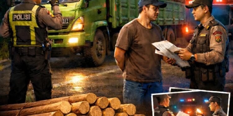 Truk Angkut 401 Batang Bengkirai Disetop Polisi di Marangkayu, Sopir Diamankan